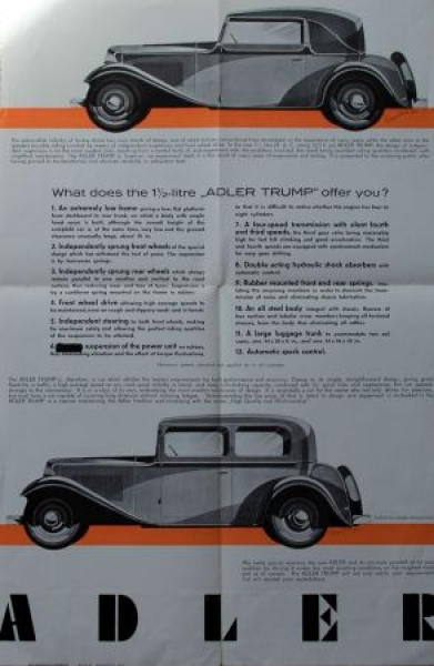 Adler Trump 1,5 Litre Modelprogram 1933 Reuters Motiv Carbrochure (7678)
